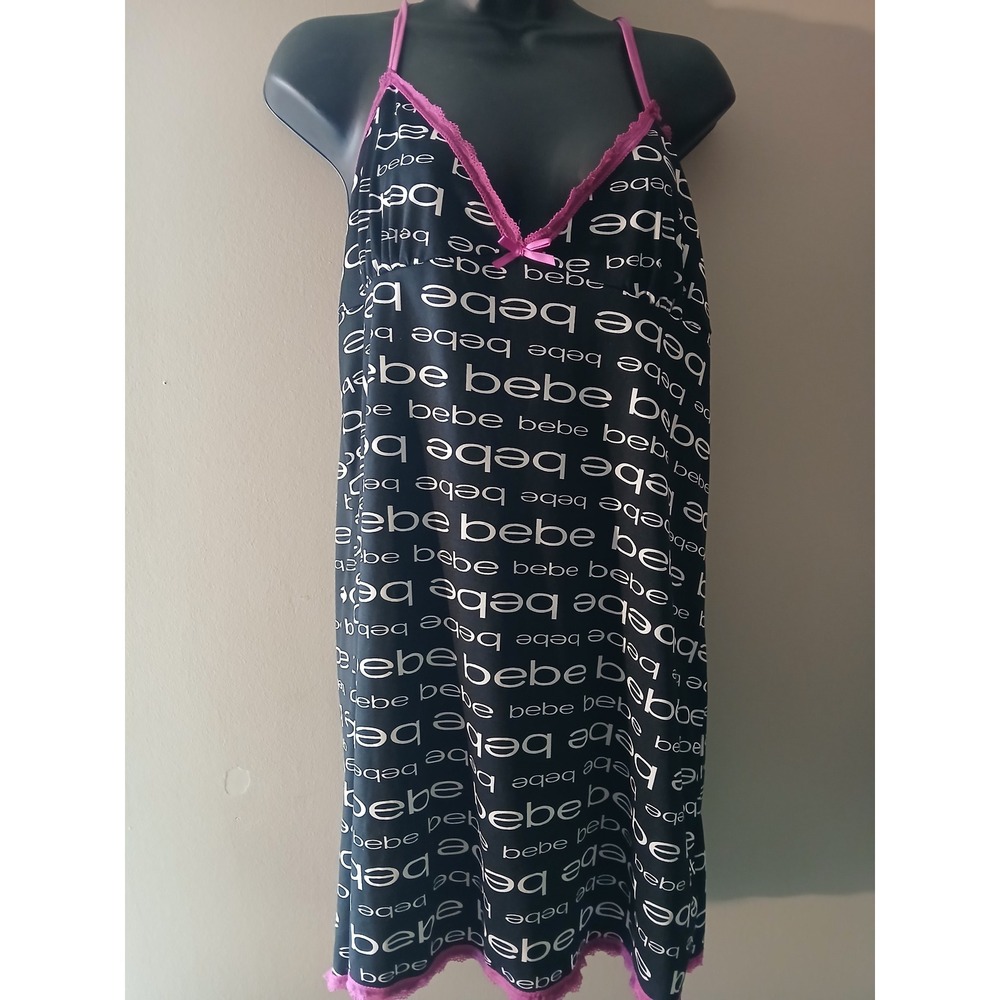 Bebe Logo Print Chemise Nightgown Black Pink Lace Trim Racerback Lingerie Dress